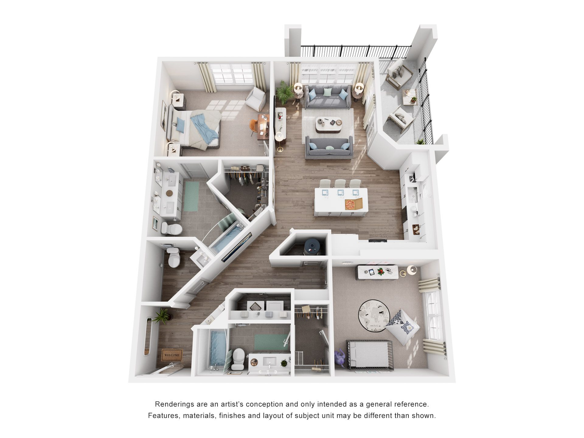 Floor plan for 2 beds, 2.5 baths, 1237 sqft